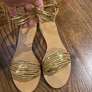 Used Tory Burch beige sandals w/ gold ankle straps. Size 7-No box or dust bag